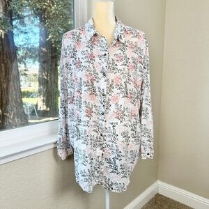 Anthropologie‎ Enchanted Floral Embroidered Shirt Women M/L White Cotton Tunic